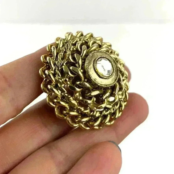 VTG Gold Tone Metal Clip On Earrings CRAFT Signed Rhinestone Center Rope Chain - Picture 8 of 12